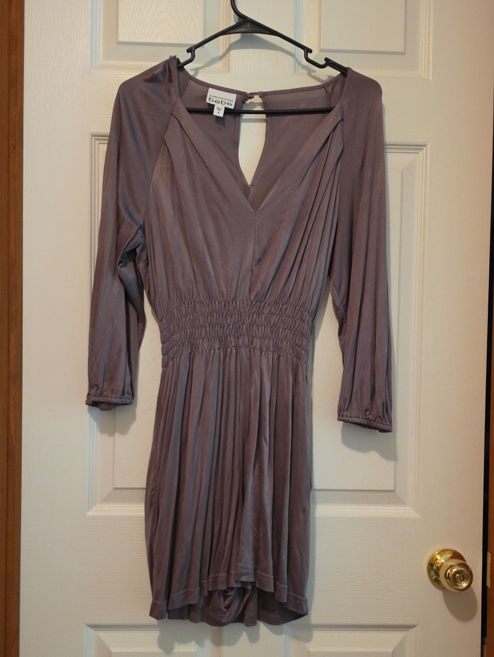 bebe Dusty Mauve Long-Sleeve V-Neck Elastic Cinched Waist Romper